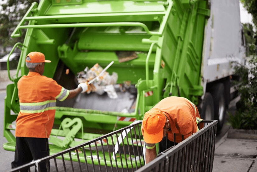 Men garbage truck and city container for collection service for public pollution for recycling waste management Men garbage truck and city container for collection service for public pollution for recycling waste management